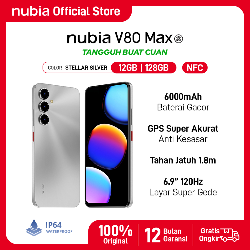 Handphone nubia V80 Max ROM 128 GB RAM 12 GB (6 GB + 6 GB) Smartphone Layar 6.9" HD 120Hz, Baterai 6000mAh Fast Charging GPS Turbo - Gambar 3