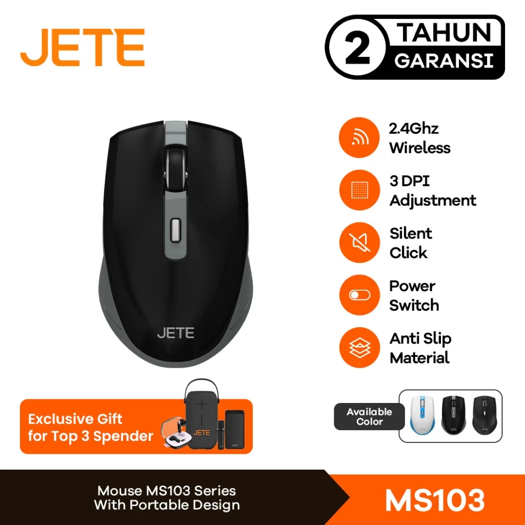 JETE Mouse Wireless MS103 with 3 Level DPI Silent Click - Garansi 2 Tahun