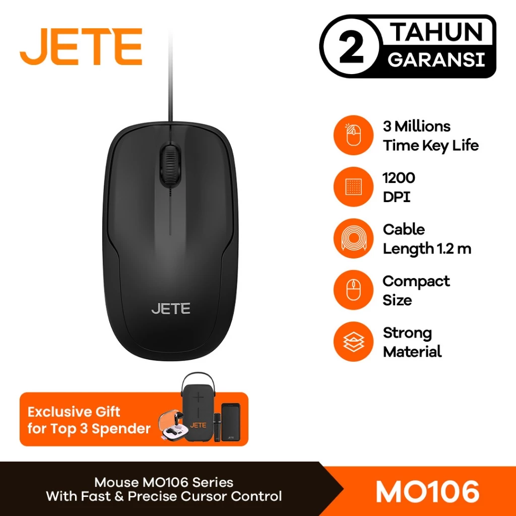 Mouse Kabel JETE MO106 1200 DPI Wired Optical Mouse Kerja Kantor Mouse Cable USB PC Laptop Non Slip Scroll