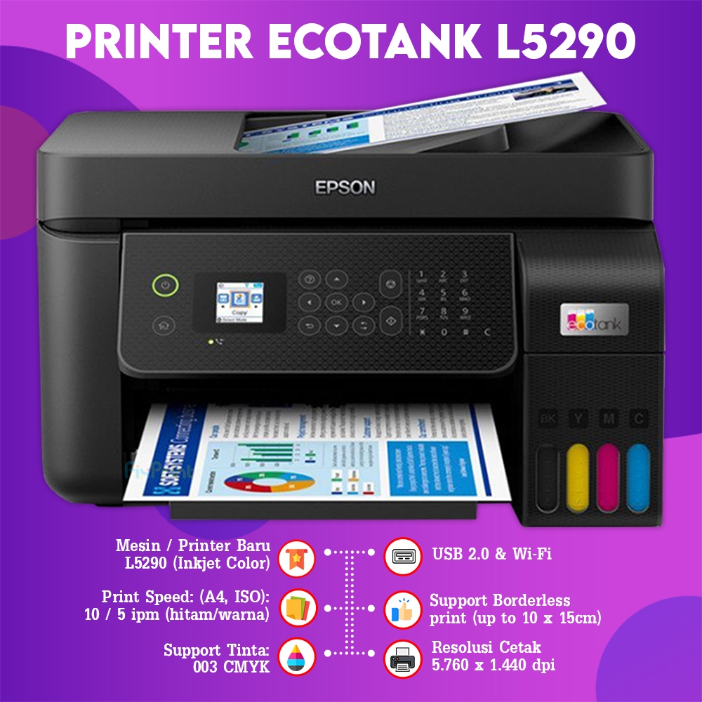 Printer Epson EcoTank L4360 L6260 L6390 L6290 A4 WiFi Duplex Print Scan Copy Tinta 001 / L5290 A4 Wi-Fi All-in-One Print-Scan-Copy Wireless Fax Ink Tank with ADF - Pengganti L4260 - Gambar 2