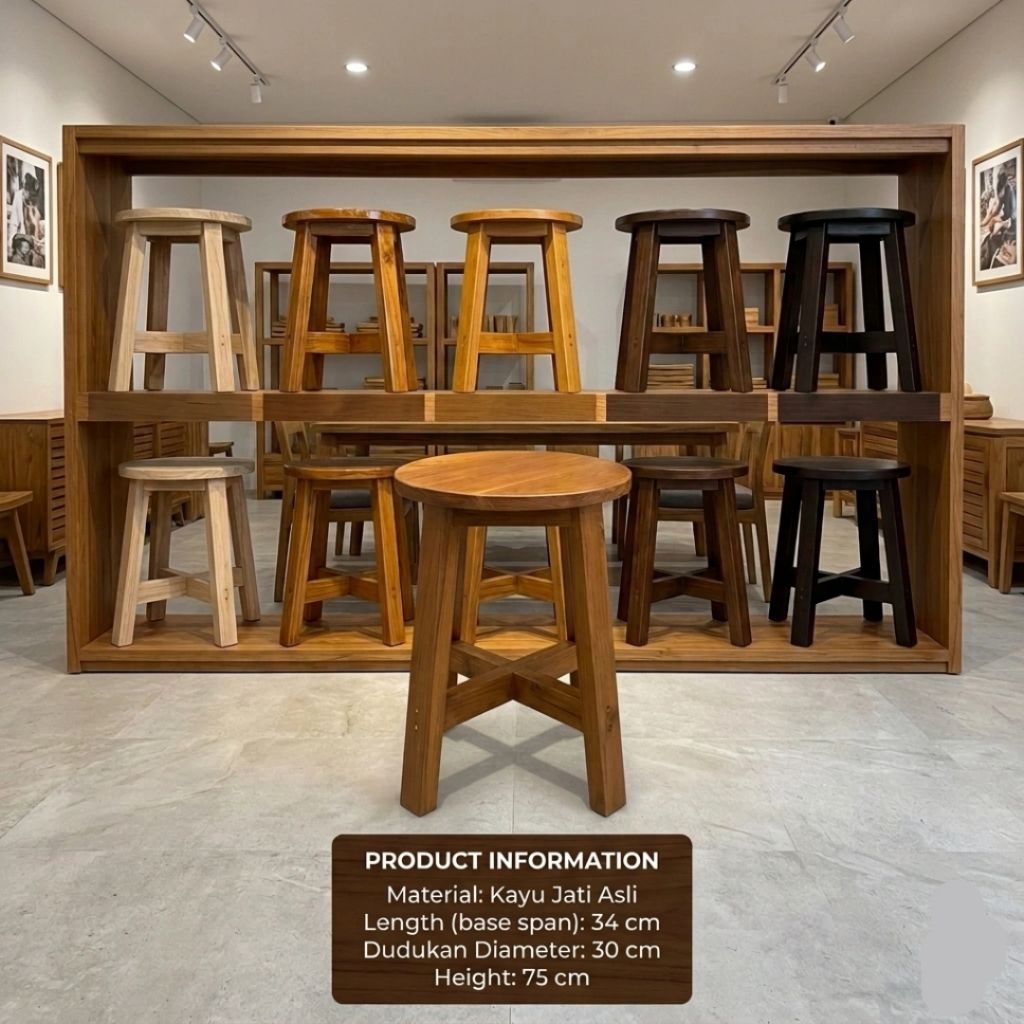 Kursi Bar Bundar Tinggi 75 cm Kayu Jati Perhutani Allgrade Model Minimalis - senaly -