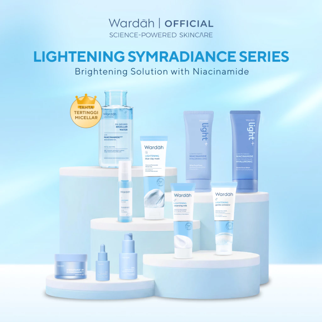 WARDAH Lightening Series Lengkap - Mencerahkan Kulit, Menyamarkan Bekas Jerawat, Advanced Niacinamide - Micellar Gentle Wash, Whip Facial Foam, Oil-Infused Micellar Water, Cleansing Milk, Blue Clay Mask, Face Mist, Toner, Gentle Exfoliator - Skincare