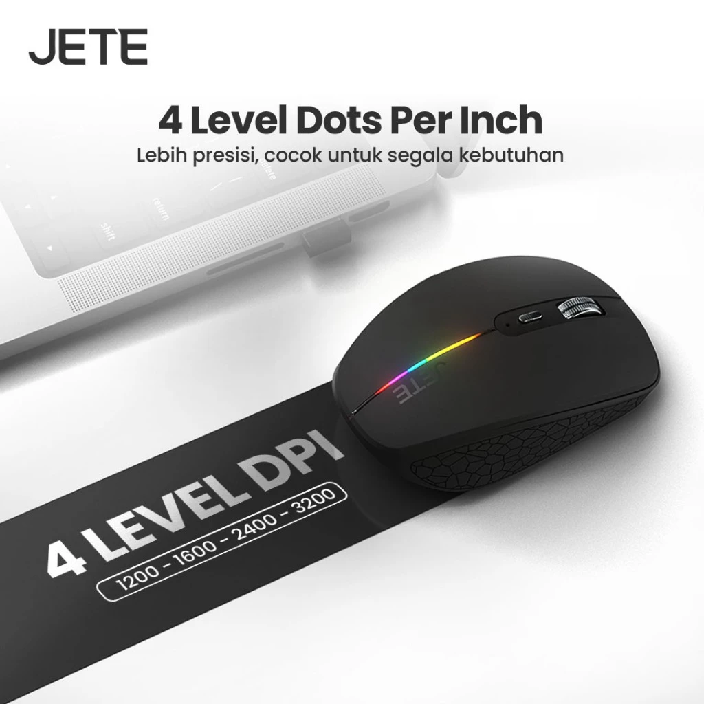 Mouse Wireless Bluetooth JETE MS301 Rechargeable with Dongle USB 3200DPi Compatible All Surface with LED Light (RTL) - Gambar 3