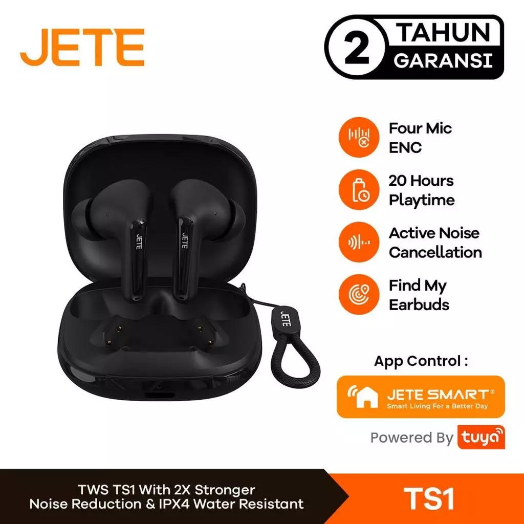 TWS JETE TS1 Headset Bluetooth V6.0 ANC NOISE CANCELLING IPX4 Super Bass Wireless Earphone Gaming mode ENC 4 Mic Type C charging (RTL)
