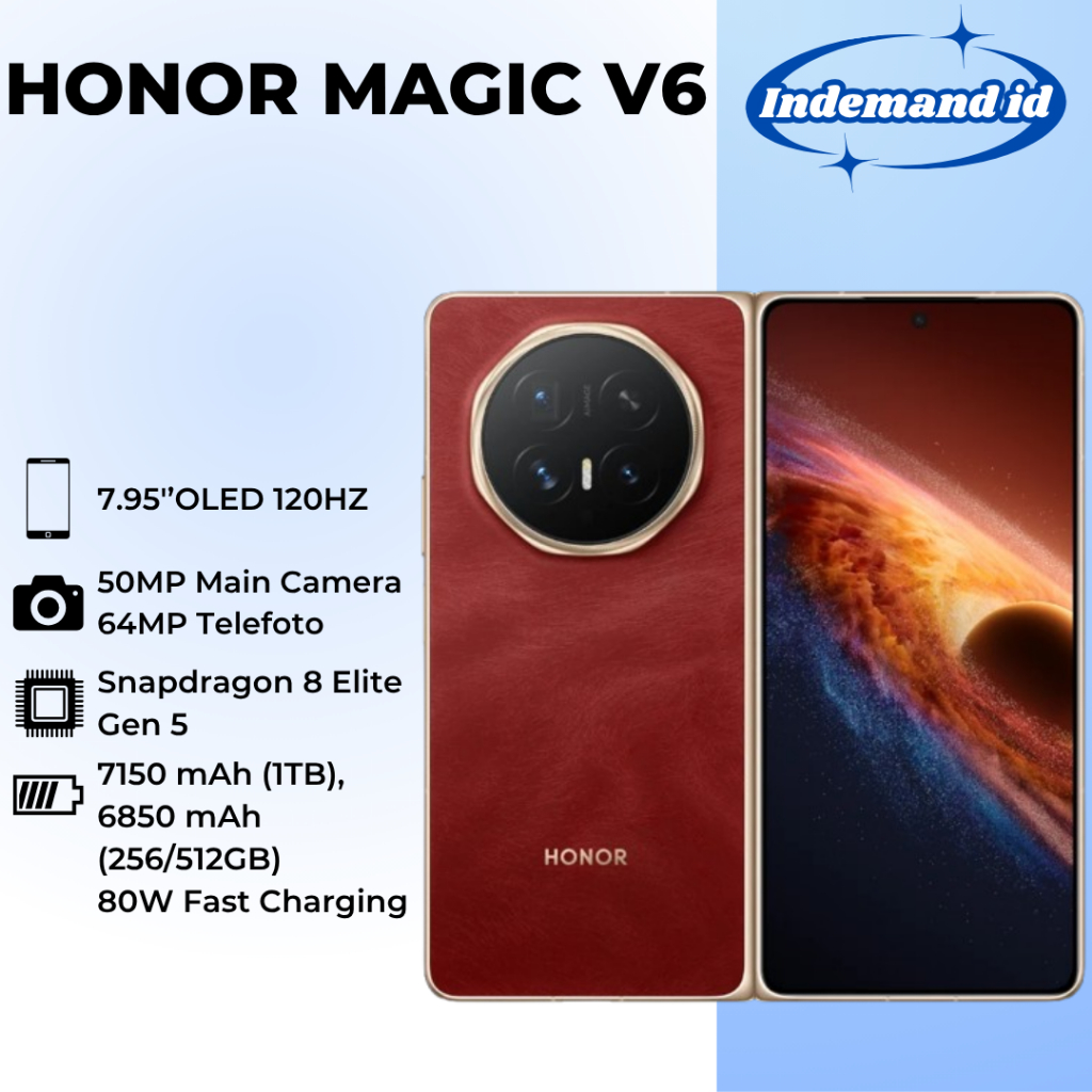 Honor Magic V6 Fold 5G 7.95''OLED 120HZ Snapdragon 8 Elite Gen 5 7150mAh (1TB), 6850mAh (256/512GB) 80W 50MP 64MP Telefoto