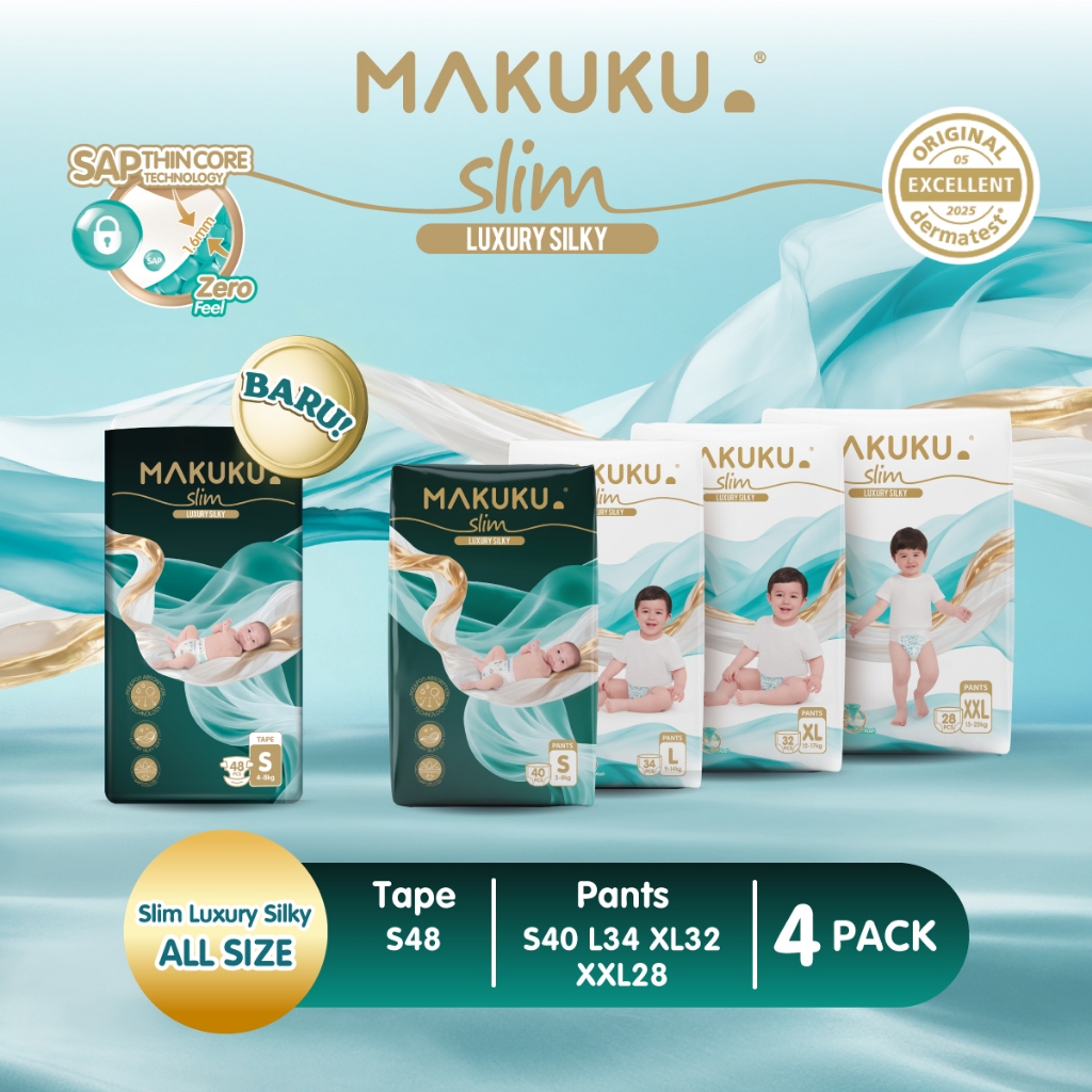 [4 PACK] Makuku Diapers Slim Luxury Silky Pants / Celana Tape / Perekat S48 / S40 / L34 /XL32 / XXL28 Popok Bayi