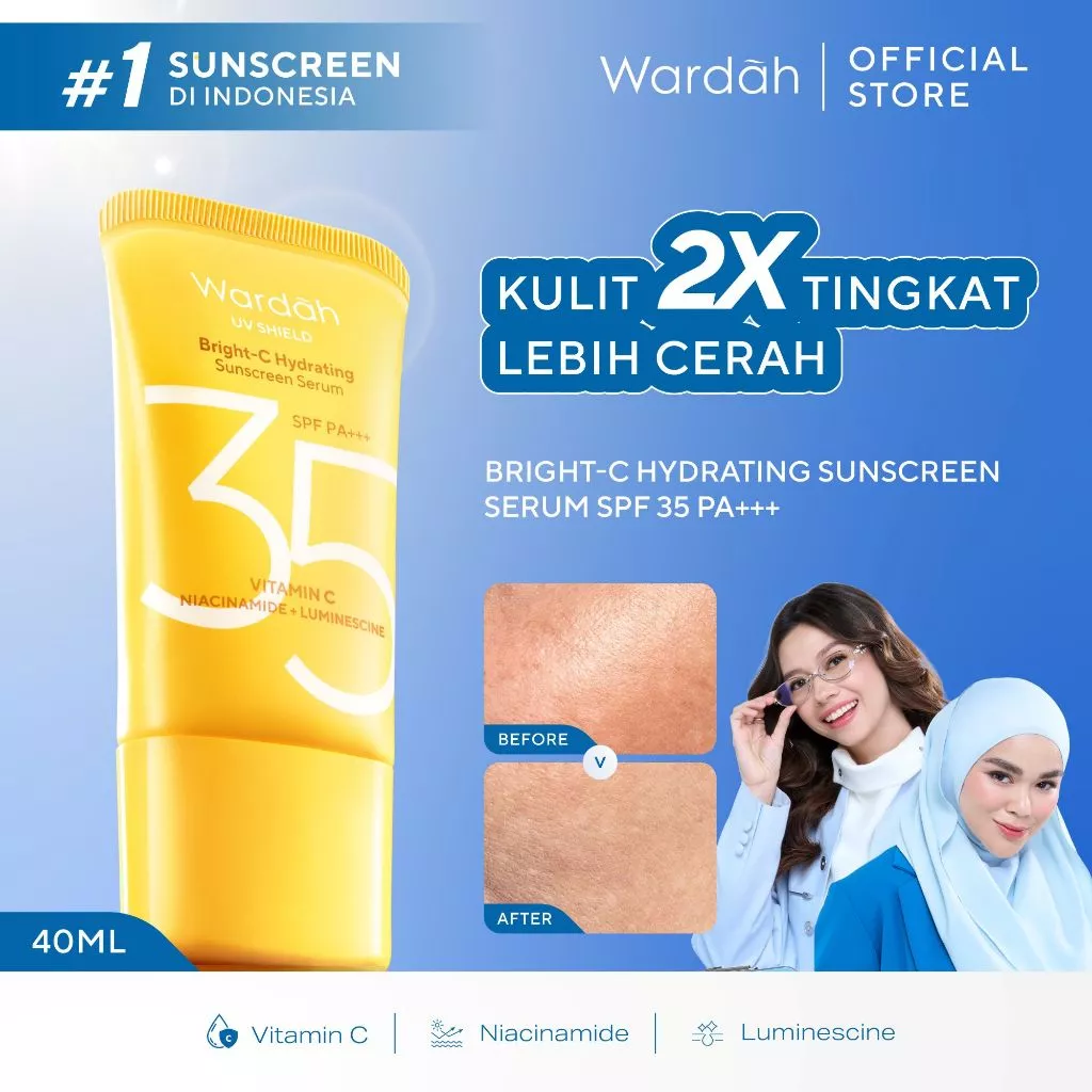 Wardah Sunscreen UV Shield Bright C-Hydrating Serum SPF 35 PA++++ Luminescence + Vitamin C + Niacinamide - Melembabkan dan Mencerahkan Kulit Untuk Kulit Kusam, Bintik Hitam, Kemerahan, Kulit Kering - Sunscreen No. 1 Sunscreen of the Year - Skincare