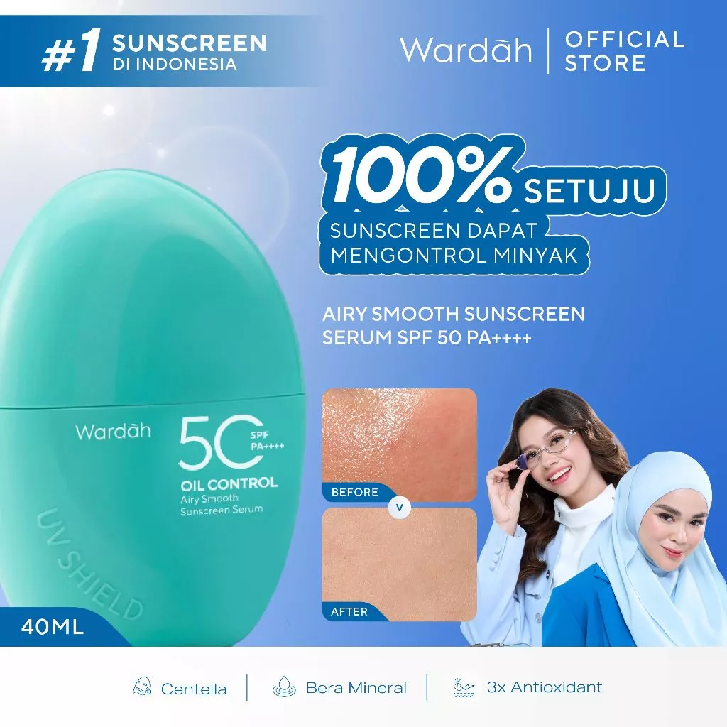 Wardah Sunscreen UV Shield Airy Smooth Sunscreen Serum SPF 50 PA++++ Centella + Bera Mineral + Raykami 40ml - Matte Seharian, Bebas Kusam, Atasi Kulit Berminyak - Sunscreen No. 1 Sunscreen of the Year - Skincare - Gambar 2