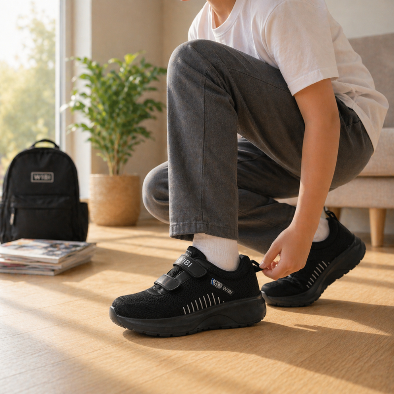 WIBI SP53-01 Sepatu Anak laki laki perempuan Sekolah Hitam Sporty Perekat Mesh Kasual Modern - Gambar 4