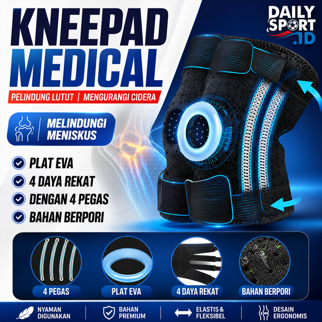 Deker Lutut Knee Support Hitam Dengan Pegas Pilihan 2 Pegas dan 4 Pegas Penyangga Lutut Elastis Untuk Olahraga Rehabilitasi dan Aktivitas Harian