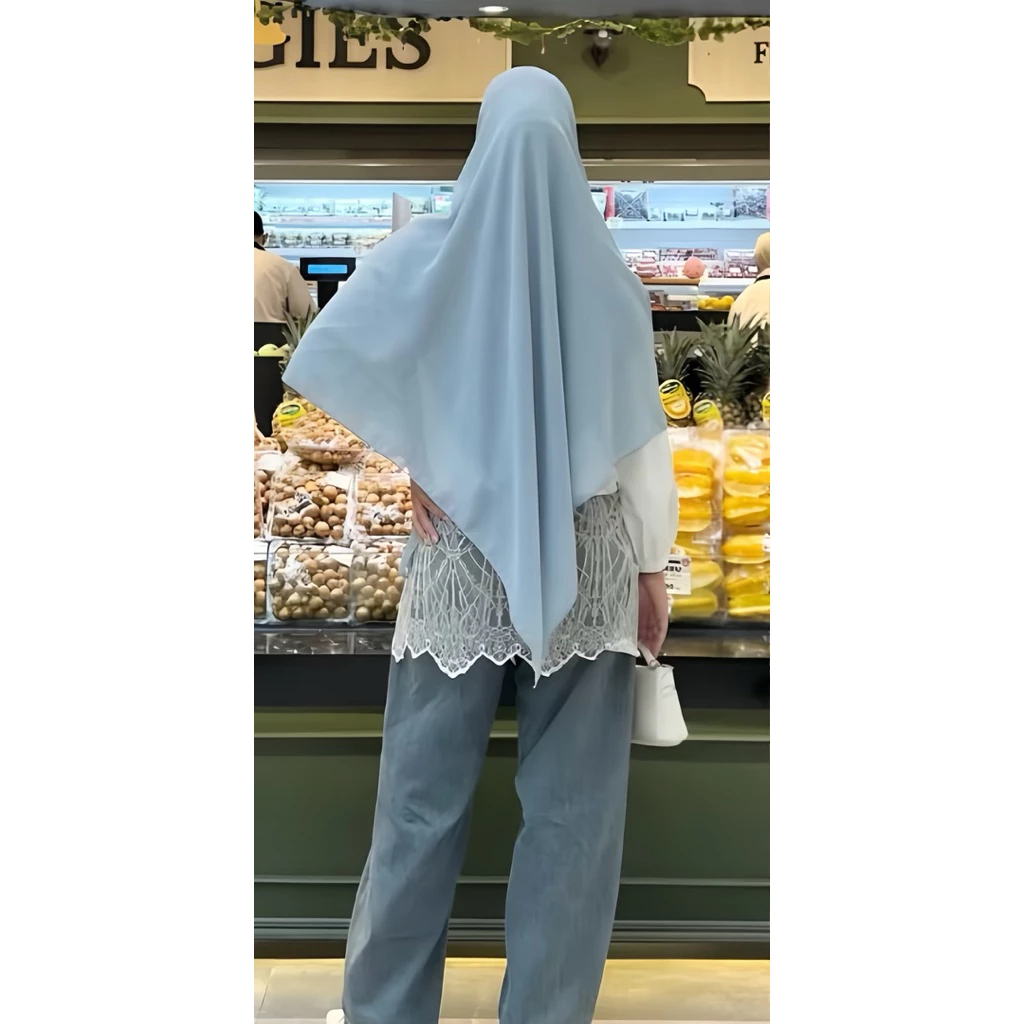 French Khimar Khaki Hitam Allsize Bahan Ringan - Gambar 2