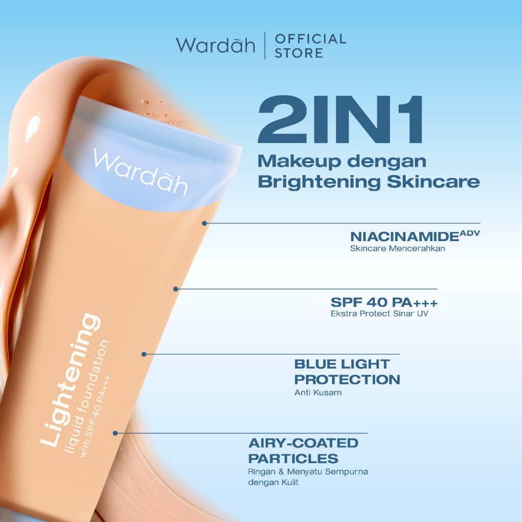 WARDAH Lightening Liquid Foundation 25ml - Base Makeup dengan Skin-Like to High Coverage yang Mengandung SPF 40 PA+++ dan Serum Niacinamide Untuk Hasil Makeup Flawless dan Cerah - Makeup - Foundation - Bedak - Cushion - Foundation Anti Longsor - Gambar 4