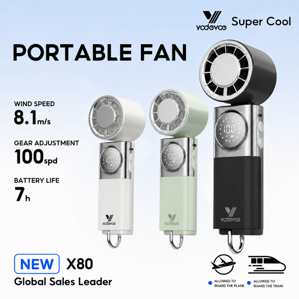 Yodevoe X80 Max Kipas Angin Portable Mini ICE Turbo Super Senyap Baterai Tahan Lama 10 Jam 4000mAh Power Bank Senter Kipas Lipat & Kipas Leher Cocok untuk Kerja & Belajar