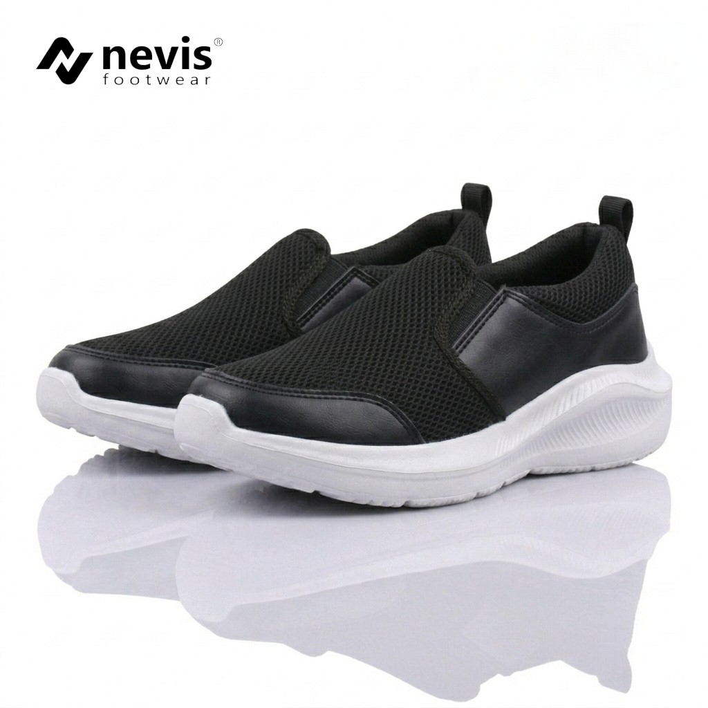 NEVIS Sepatu Slip On Pria Jumbo Big Size 39-49 NVS 87 Sekolah Kerja Casual Sneakers Full Black Hitam Polos Franco - Gambar 4