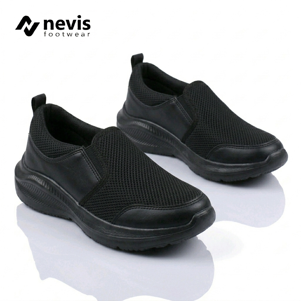 NEVIS Sepatu Slip On Pria Jumbo Big Size 39-49 NVS 87 Sekolah Kerja Casual Sneakers Full Black Hitam Polos Franco - Gambar 3