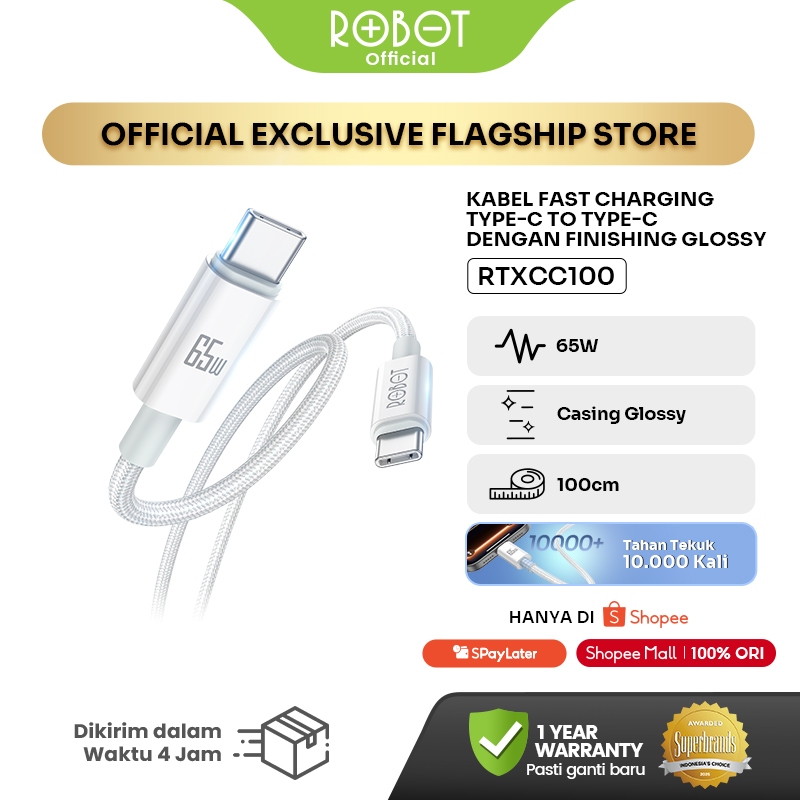 ROBOT Kabel Data 65W Fast Charging PD Type C to C / Lightning / USB A Braided Kabel Charger Quick Charge Laptop iPhone Android-RTX