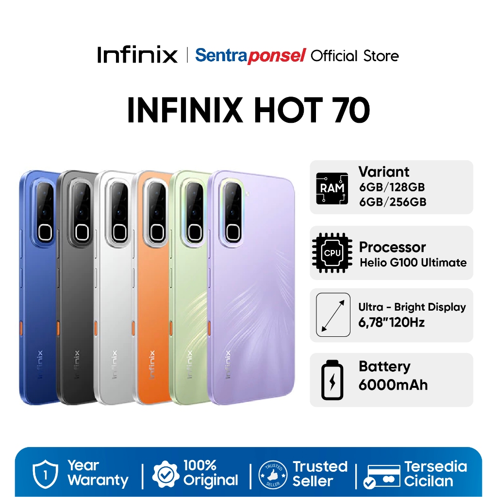 Infinix Hot 70 6GB/128GB 6/256GB - Up to 12GB Extended RAM - Helio G100 Ultimate - 6.78 inch 120Hz - 50MP - 6000 mAh - NFC