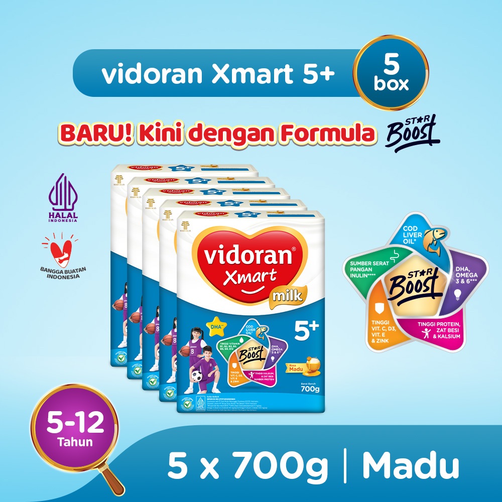 vidoran Xmart 5+ Madu 700gr Susu Formula Pertumbuhan Anak 5-12 Tahun - 5 box - Exp : 05.2027