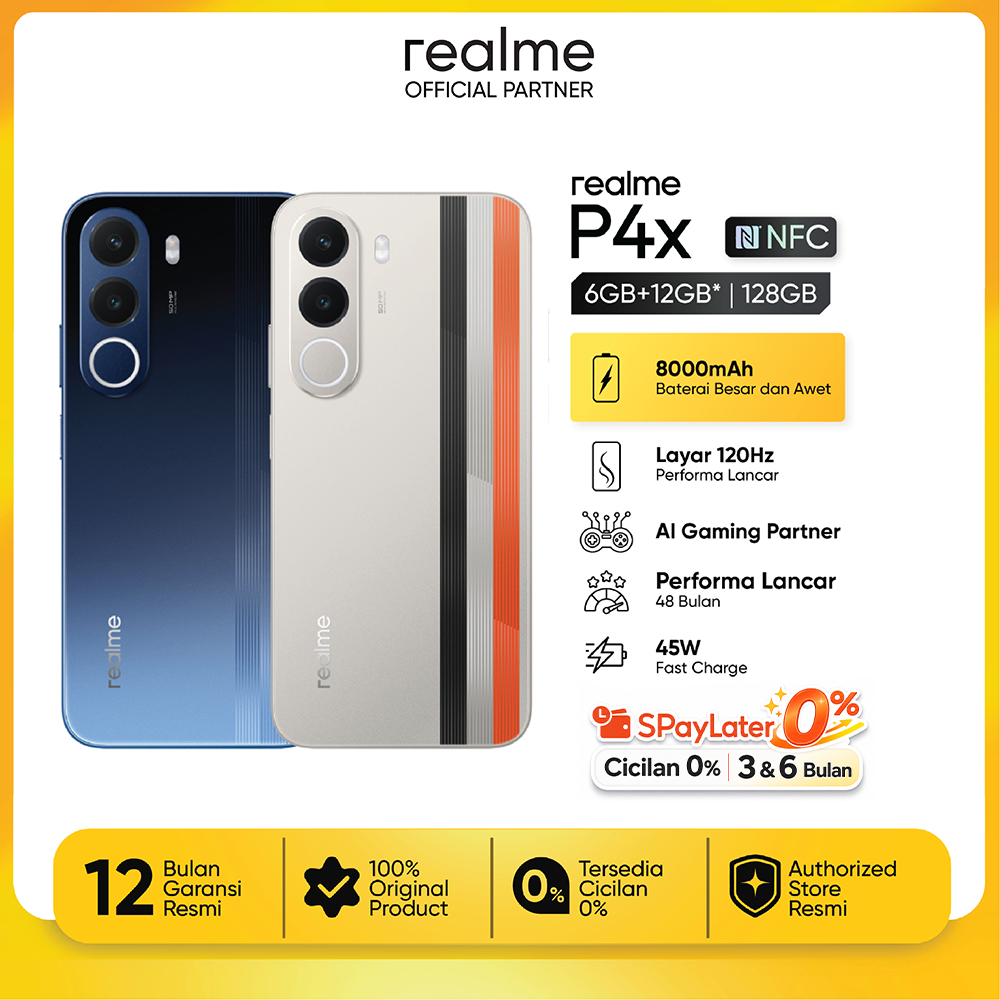 realme P4x 6GB+12GB*|128GB (8000mAh Baterai Besar dan Awet | Layar 120Hz Performa Lancar | AI Gaming Partner | Performa Lancar 48 Bulan)