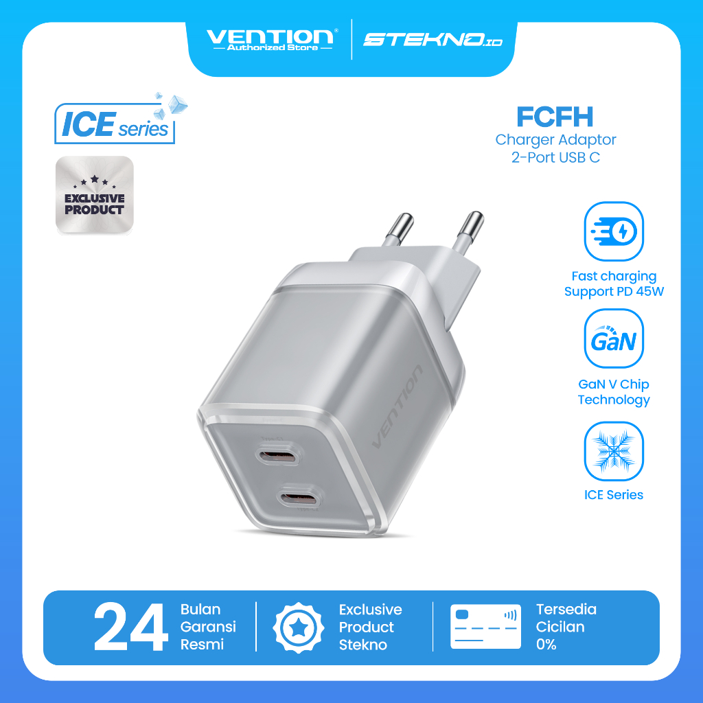 Vention Charger GaN 45W USB Type C Fast Charging Adaptor iPhone 15 16 Samsung Android PD QC Dual Port Ice Series