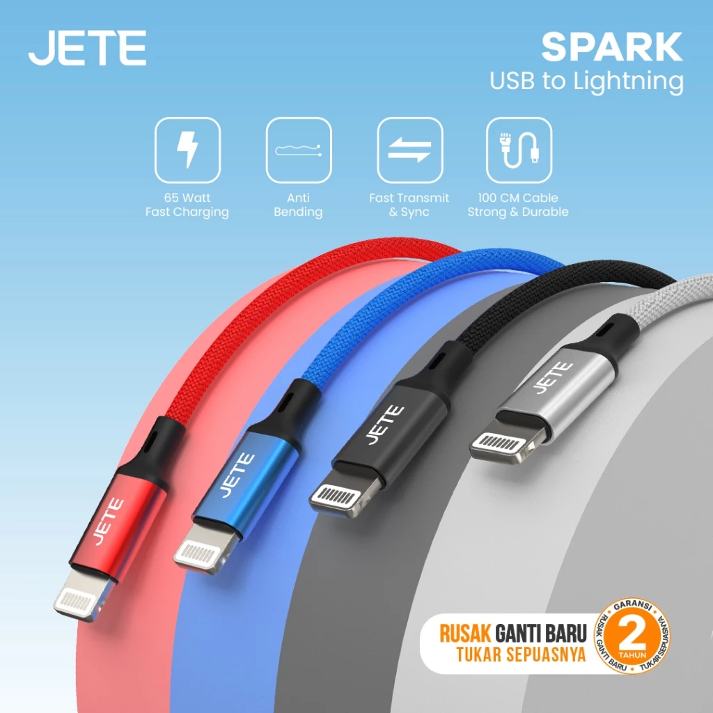 JETE Spark Kabel Data Lightning 2.4A Fast Charging - Kabel Data Iphone - Garansi Resmi