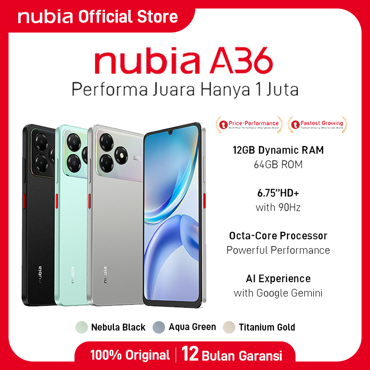 Handphone nubia A36 ROM 64GB RAM 12GB (4+8GB) Smartphone Kamera AI 13MP Layar 6.75" 90Hz, Baterai 5000mAh Fast Charging