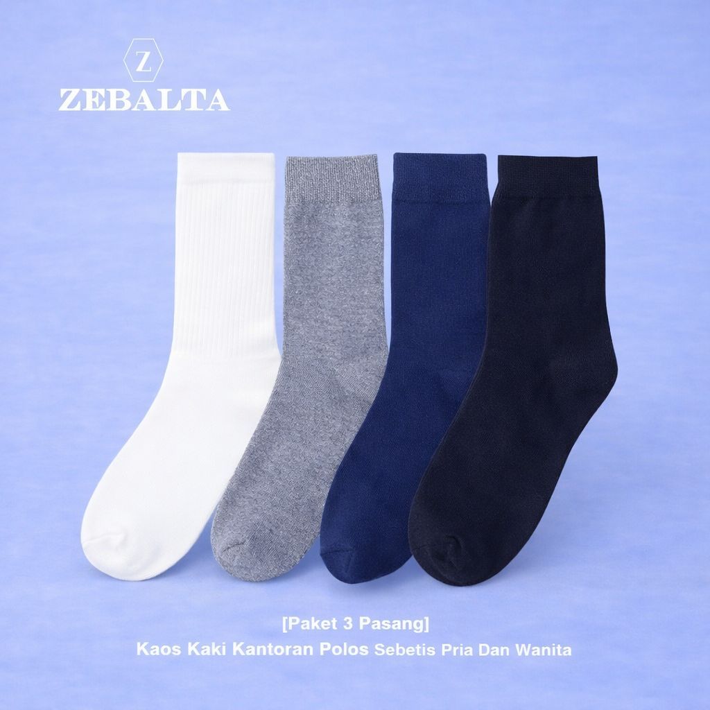 ZEBALTA - [Paket 3 Pasang] Kaos Kaki Kantoran Polos Sebetis Pria Dan Wanita
