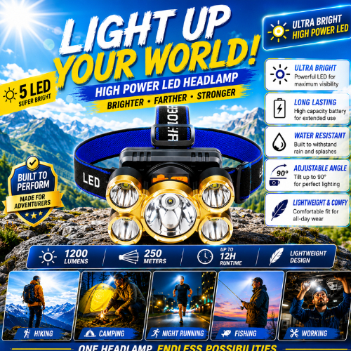 Senter LED Outdoor Super Terang 5 Lampu IPX4 200 Meter 4 Mode Cahaya Senter Kepala
