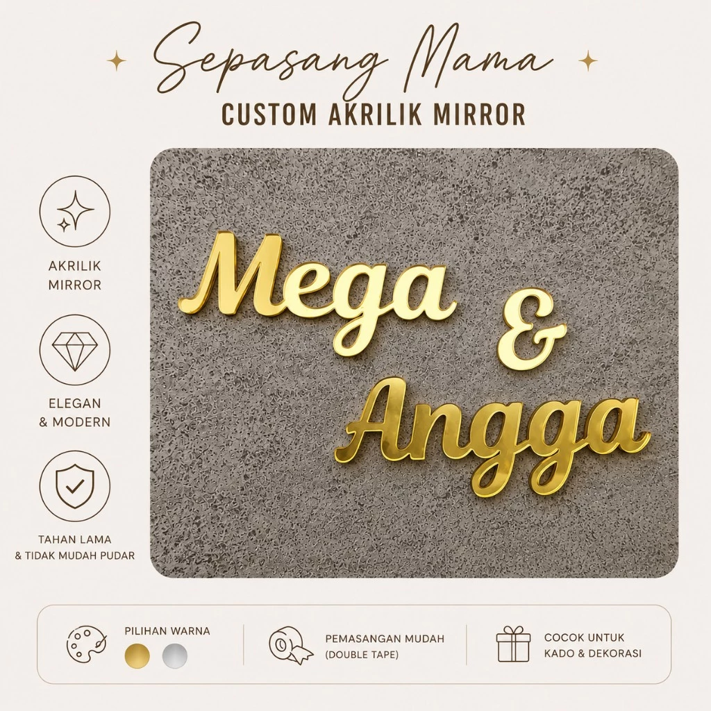 Cutting Nama Akrilik mirror custom untuk dekorasi mahar cutting huruf laser bahan akrilik - Nama Tanggal Nominal CUSTOM