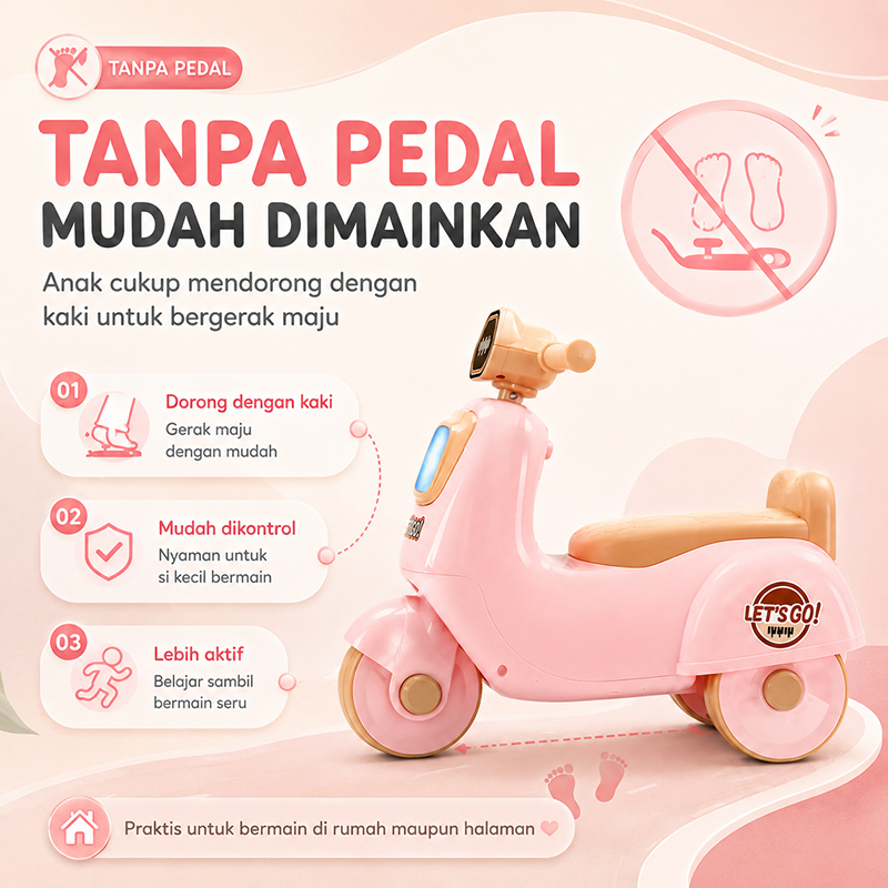 MAGICAL PLAYTIME Motor Anak Tanpa Pedal 1-5 Tahun Sepeda Mainan Ride On Musik Lampu Melatih Kaki Baby Walker - Gambar 3