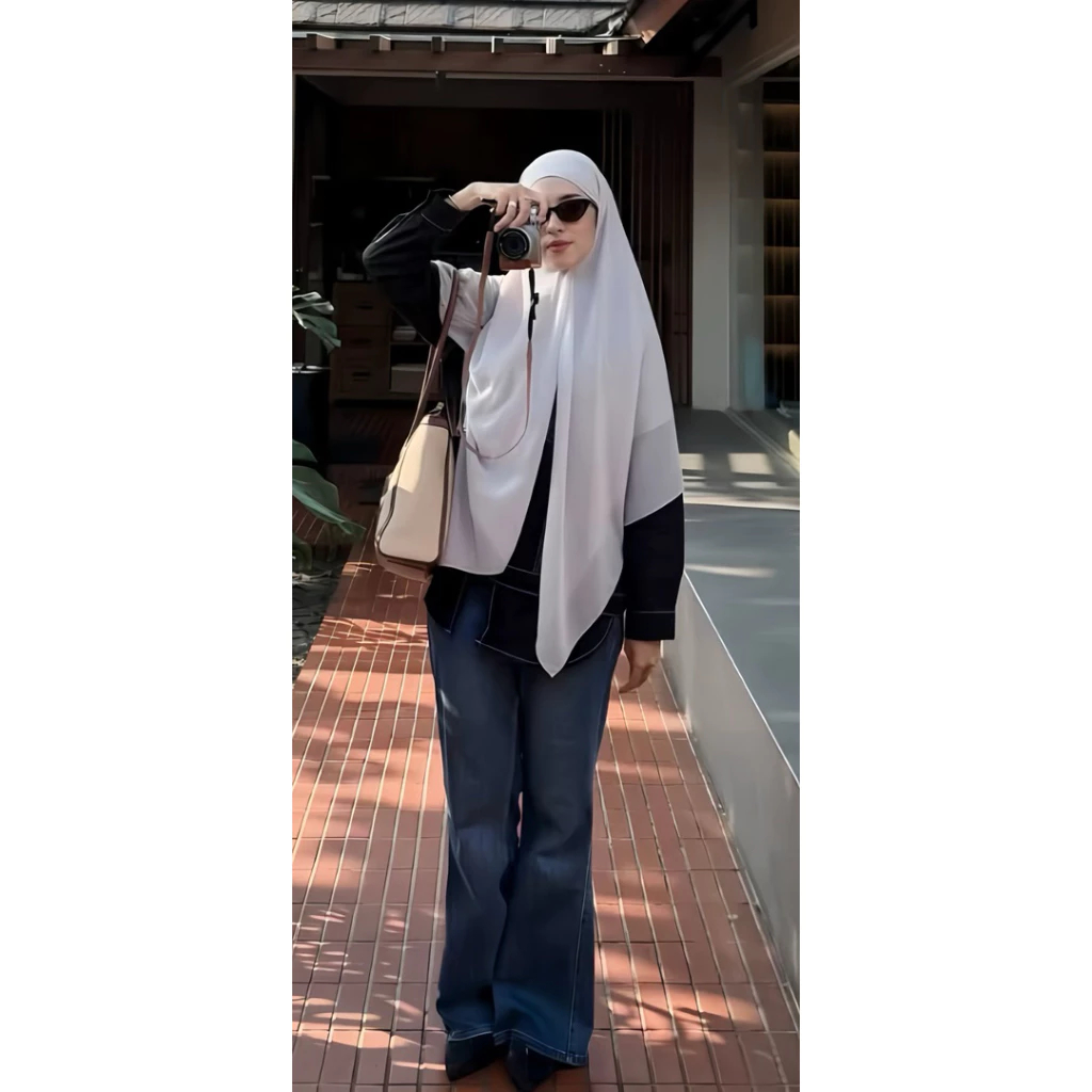 French Khimar Khaki Hitam Allsize Bahan Ringan