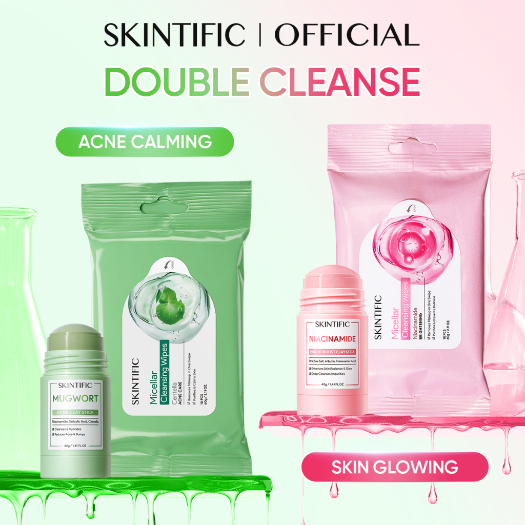 SKINTIFIC Double Cleanse Set / Makeup Remover Wipes + Mugwort Clay Stick Mask Pembersih Komedo Deep Cleansing Oil Control Angkat Makeup & Kotoran Wajah Masker Stick untuk Kulit Berminyak dan Berjerawat