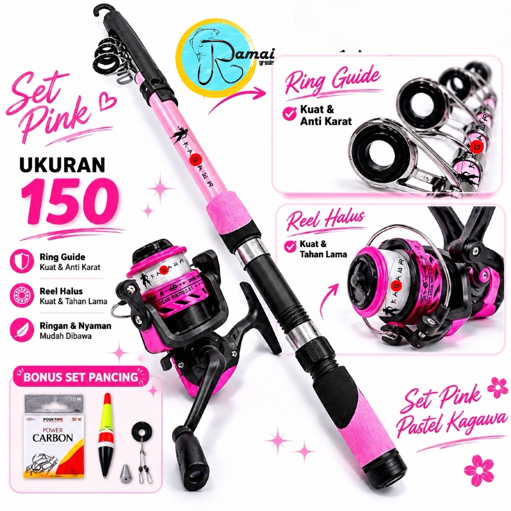 Paket Joran Bonus Pancing Antena Carbon Style Teleskopic Antena Tegek Kagawa Pink Edition