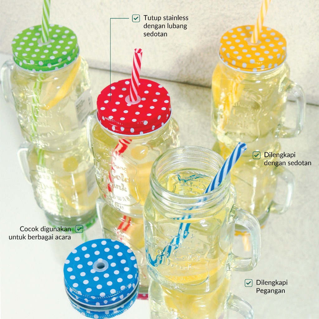 Gelas Minum Kaca Mug Mason Jar 450 ml With Straw - 1 Karton (48 pcs) - Gambar 4