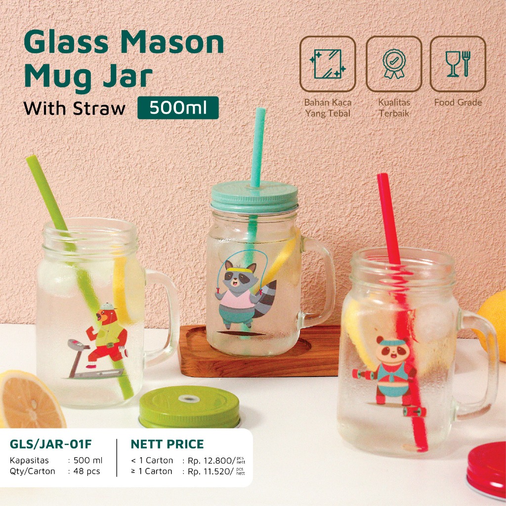 Gelas Minum Kaca Mug Mason Jar 450 ml With Straw - 1 Karton (48 pcs)