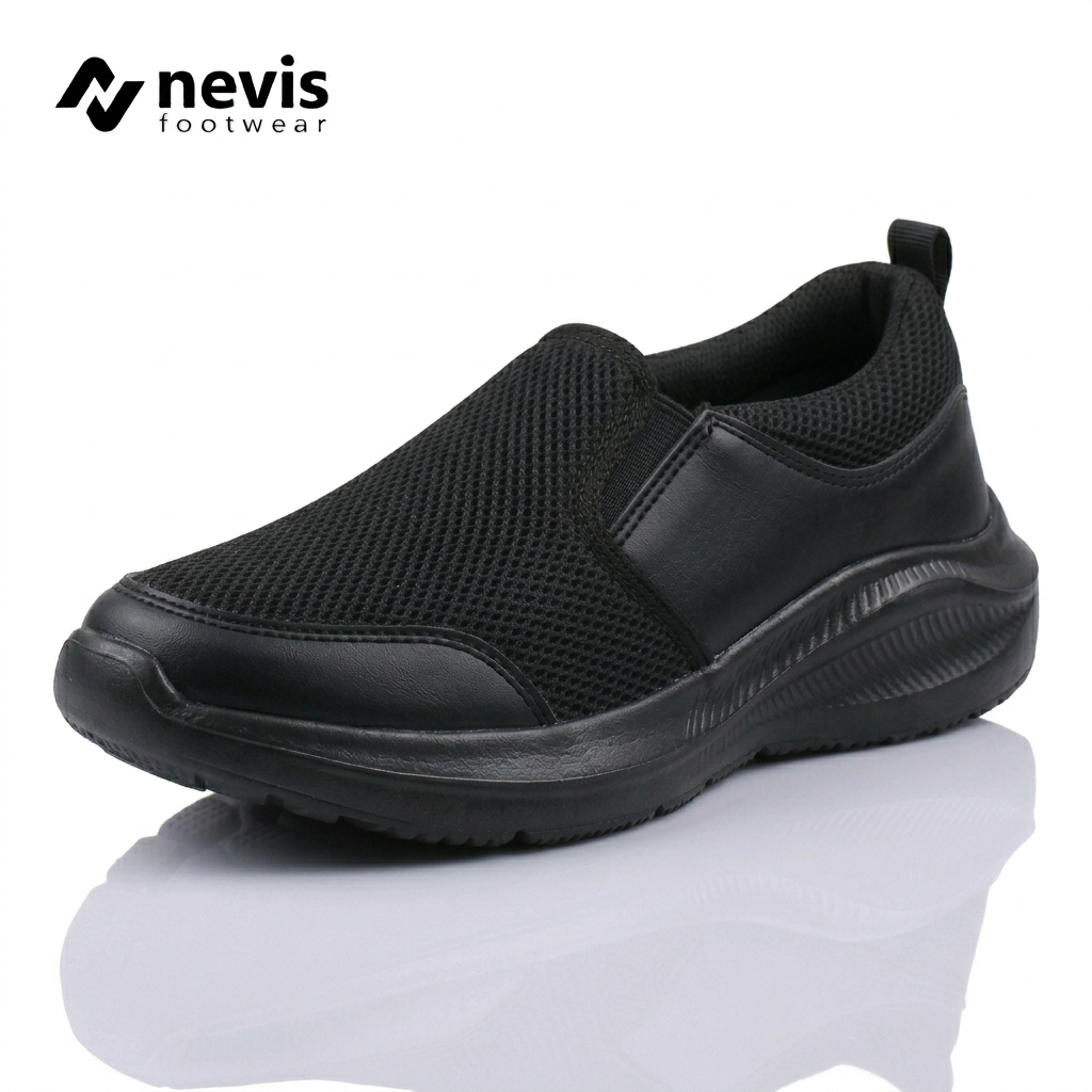 NEVIS Sepatu Slip On Pria Jumbo Big Size 39-49 NVS 87 Sekolah Kerja Casual Sneakers Full Black Hitam Polos Franco - Gambar 2