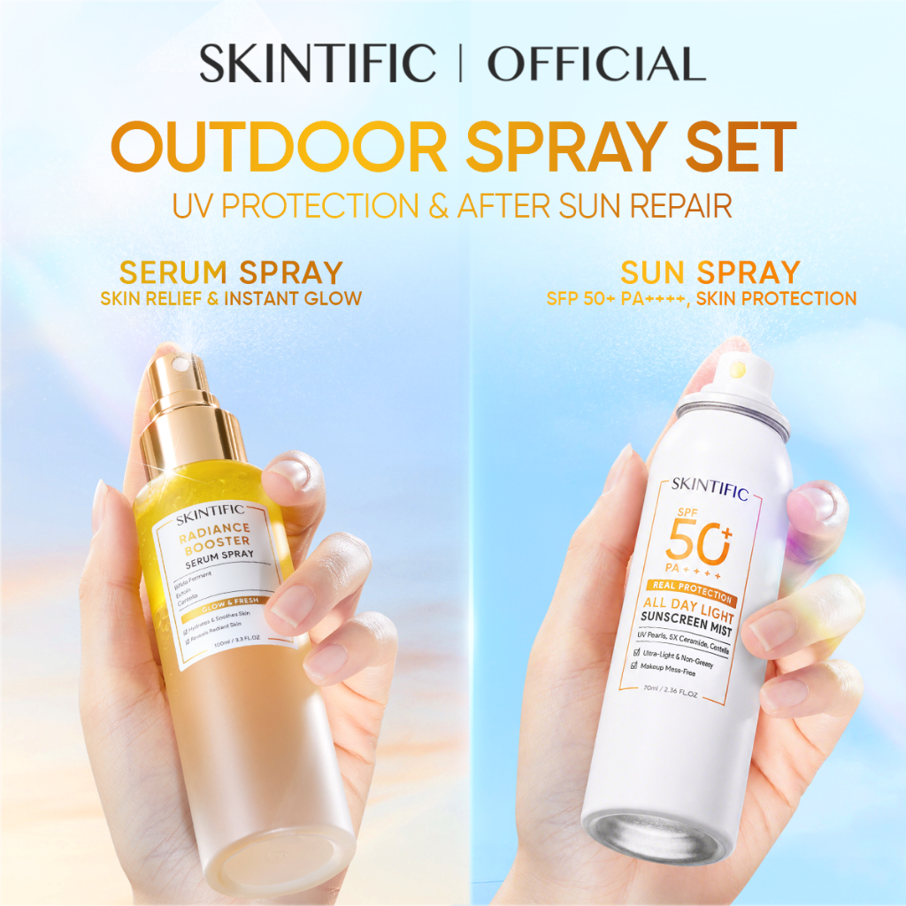 SKINTIFIC - Outdoor Spray Set / Instant Glow Serum Spray + Sunscreen Mist SPF 50+ PA++++ / / Calming Hydrating Protection After Sun Skin Relief Reapply 2PCS - Gambar 3