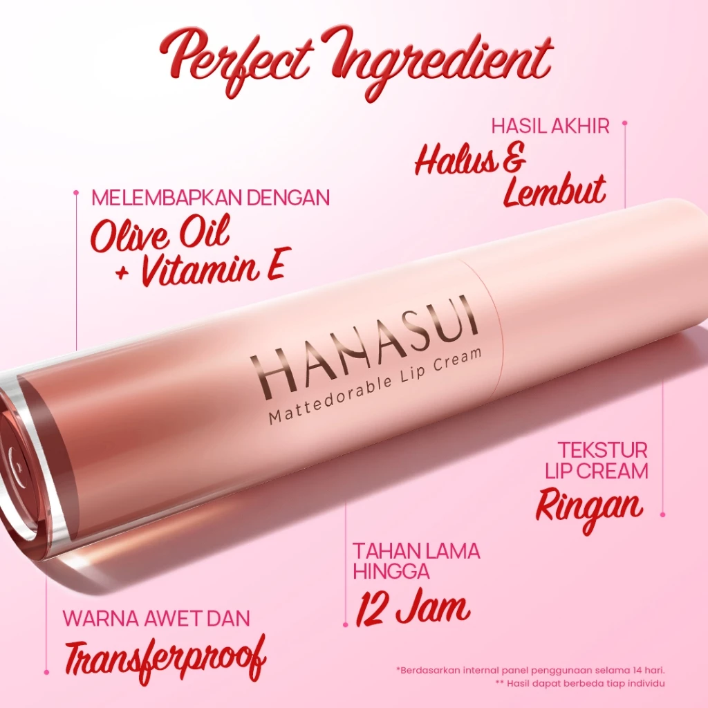 Hanasui Mattedorable Lip Cream - Velvet Matte Finish Melembabkan Ringan Tahan Lama Pigmented Olive Oil Vitamin E - Gambar 3