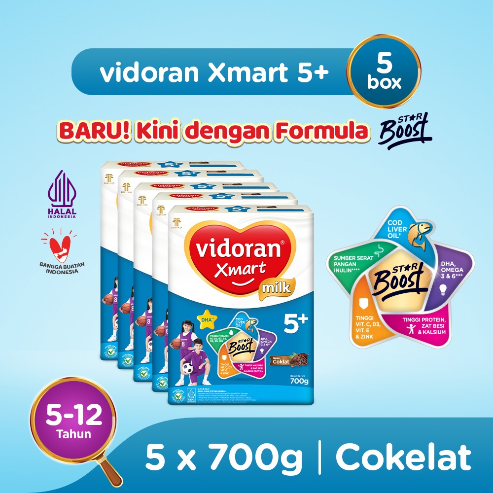 vidoran Xmart 5+ Coklat 700gr Susu Formula Pertumbuhan Anak 5 - 12 Tahun - 5 box - Exp : 02.2027