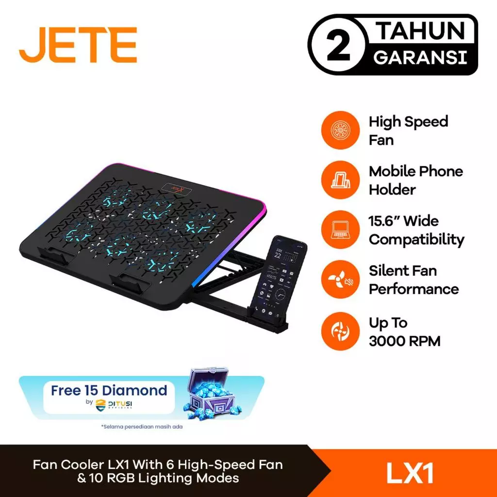 Cooling pad JETE LX1 pendingin Laptop notebook cooler gaming RGB light with phone holder 6 fan usb port silent technology