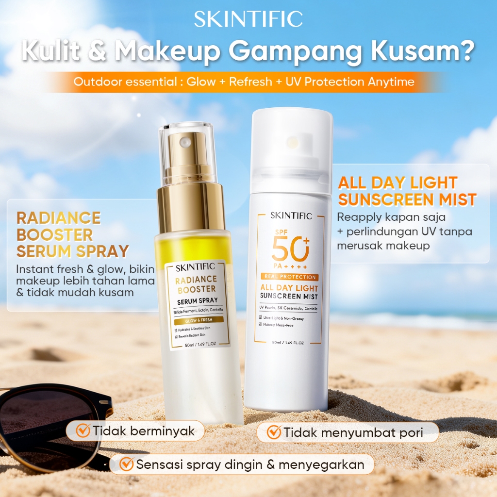 SKINTIFIC - Outdoor Spray Set / Instant Glow Serum Spray + Sunscreen Mist SPF 50+ PA++++ / / Calming Hydrating Protection After Sun Skin Relief Reapply 2PCS - Gambar 2
