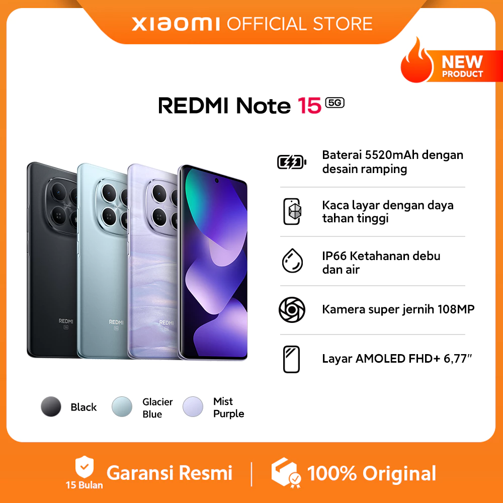 Xiaomi Redmi Note 15 5G (6/128 GB) (8/256 GB) (12/512 GB) | Baterai 5520mAh dengan desain ramping | Kaca layar dengan daya tahan tinggi | IP66 Ketahanan debu dan air | Kamera super jernih 108MP | Layar AMOLED FHD+ 6,77" | NFC [Xiaomi Official Store] - Gambar 2