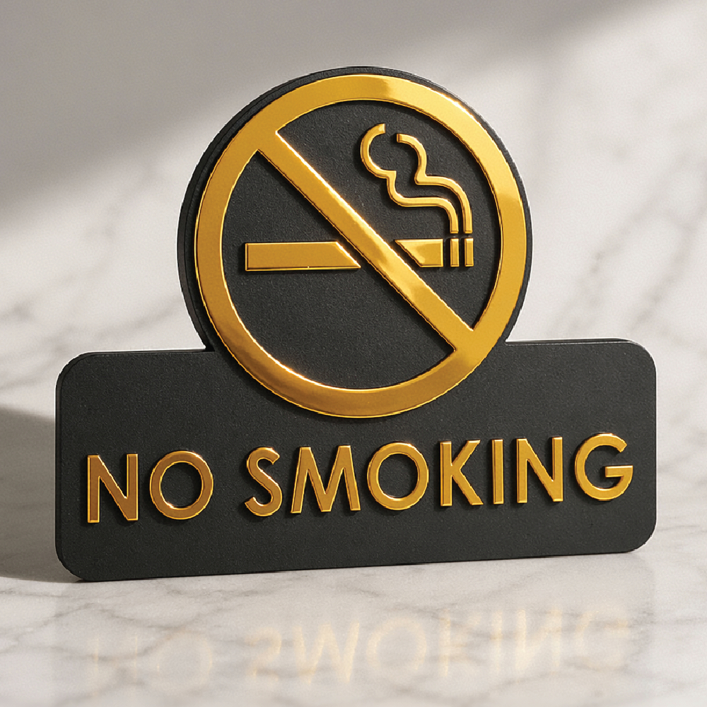Papan Akrilik Timbul GOLD No Smoking Tanda Dilarang Merokok Penunjuk Ruangan