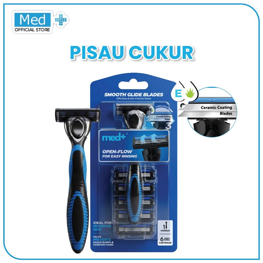 Med+ Disposable Shaver Pisau Cukur Pria 6 Cartridge + 1 Handle / Open-Flow Smooth Glide / Cukur Halus untuk Kulit Sensitif