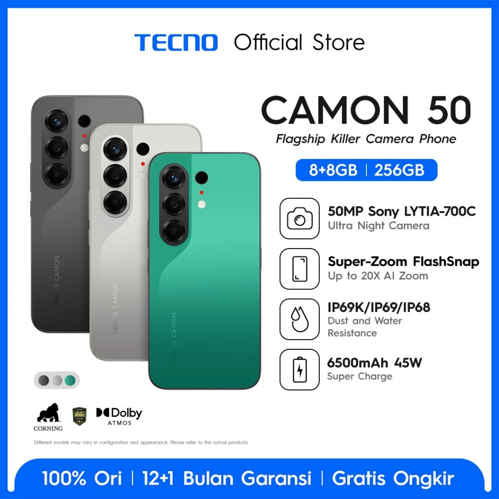 [SUPERZOOM FLASHSNAP] TECNO CAMON 50 8GB+8GB*/256GB, 50MP Sony + 8MP Ultra Wide, 32MP Front Camera, 1.5K 144Hz AMOLED, Mediatek Helio G200 Ultimate , IP69K, 45W Ultra Charging, camon50 - Gambar 2