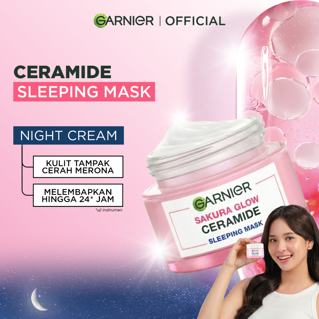 GARNIER Sakura Glow Ceramide Skin Barrier Sleeping Mask Night Cream Krim Malam Mencerahkan 50 ml Moisturizer Tone Up Glowing Skincare - pelembab wajah pemutih wajah