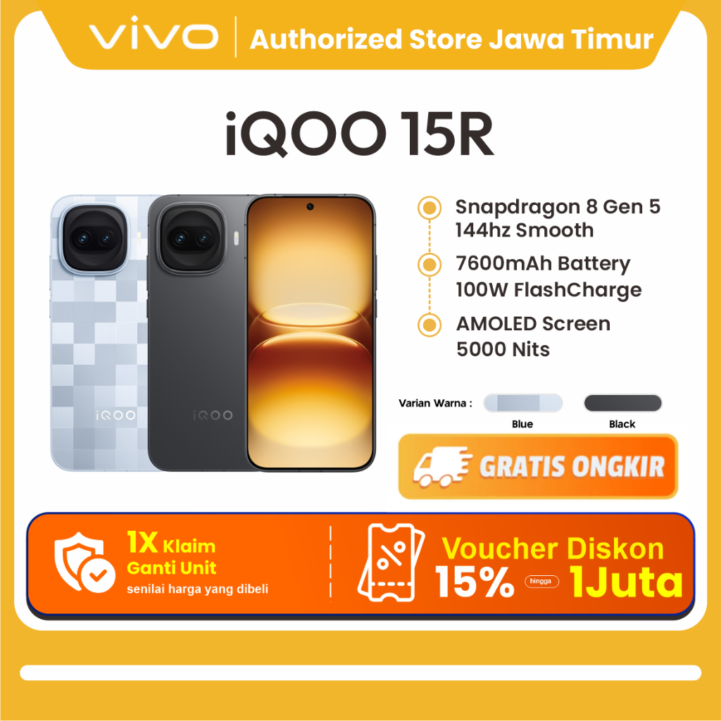 iQOO 15R 5G RAM 12/512GB Snapdragon 8 Gen5 Baterai 7600mAh 100W Gaming