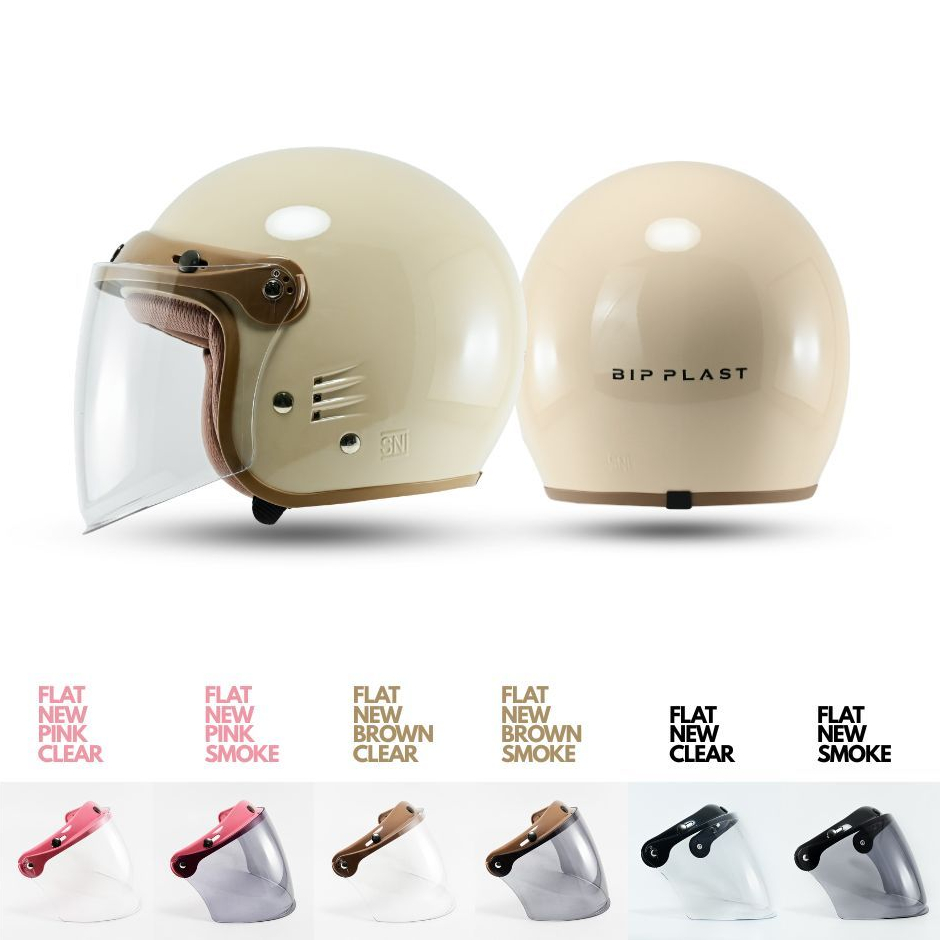 Helm Bipplast CEWEK Retro Bogo Solid LUMINOS Wanita Kekinian Kaca Datar SNI Motorcycle