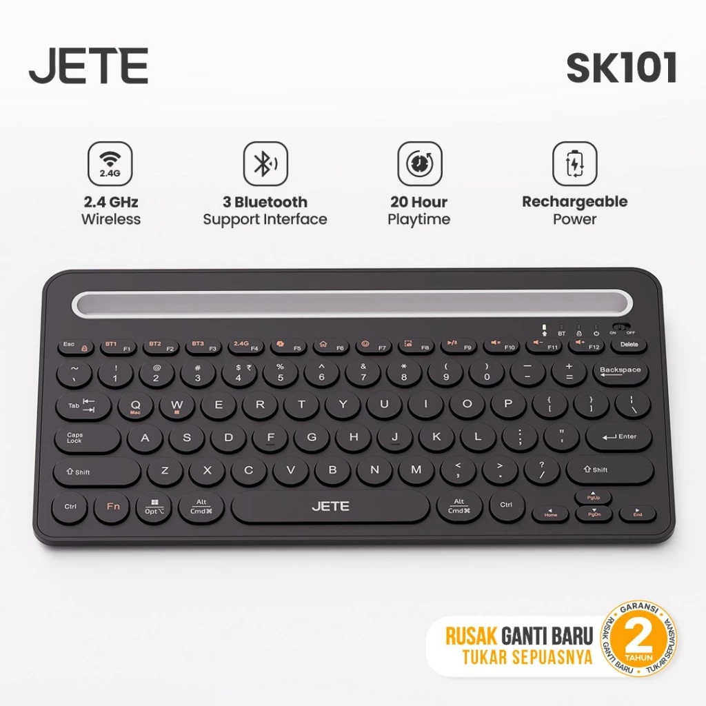 Keyboard Wireless Bluetooth JETE SK101 Multi Devices with USB Dongle Compatible IPad, Smartphone, Android, Laptop with Holder HP Tablet (RTL)