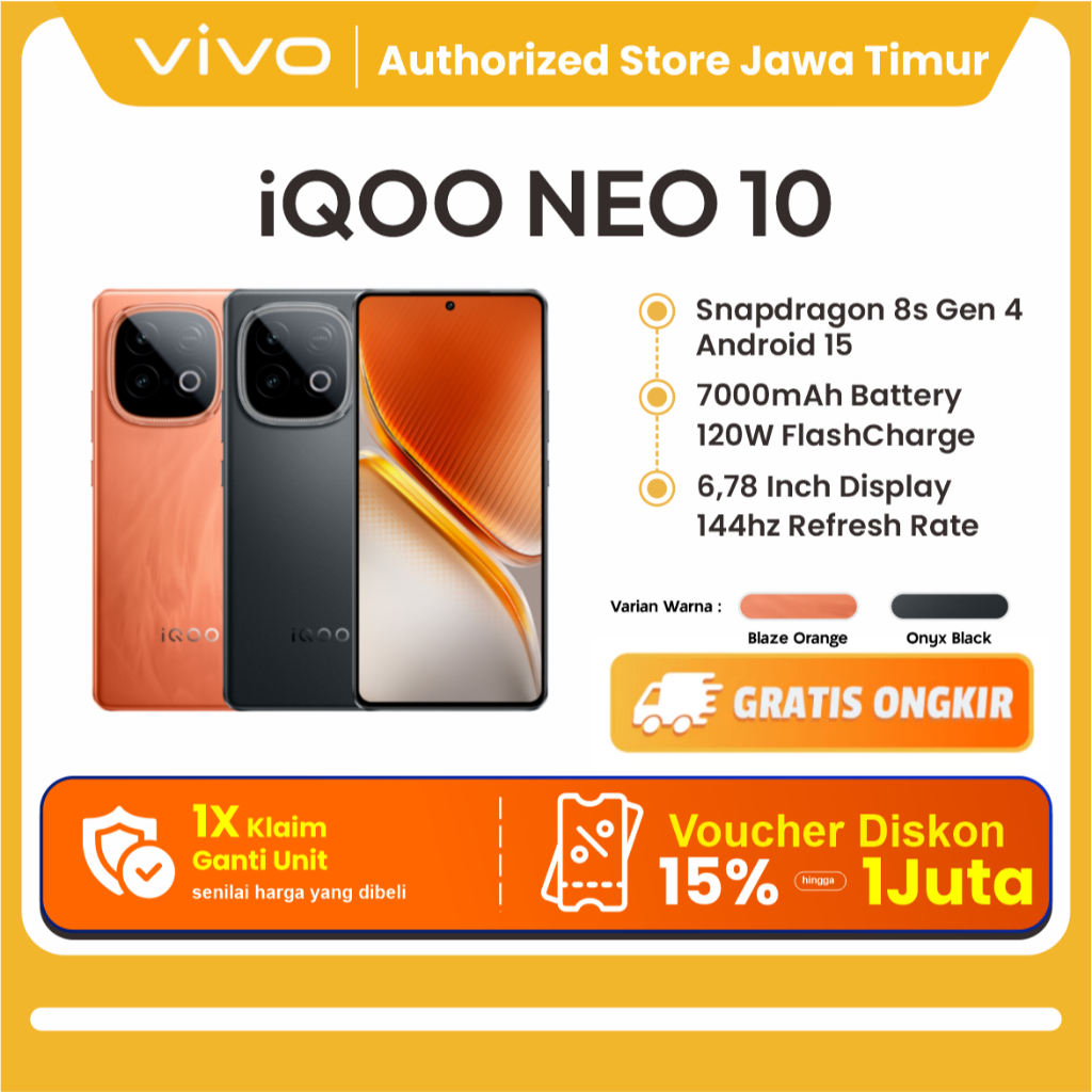 vivo iQOO Neo 10 [BISA NSTAN PENGIRIMAN], 1st Snapdragon 8s Gen 4 + Q1 (Dual Chipset), 7K VC Cooling System, 7000 mAH + 120 watt, 144Hz